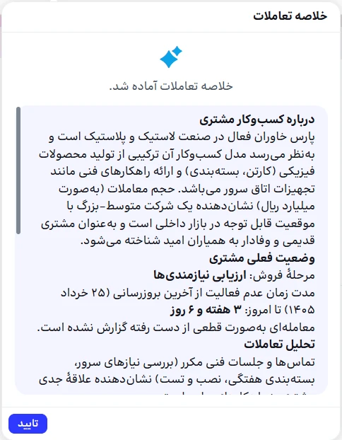 کادر خلاصهٔ تعاملات هوش مصنوعی روی صفحهٔ یک مشتری در CRM راهکاران آیند