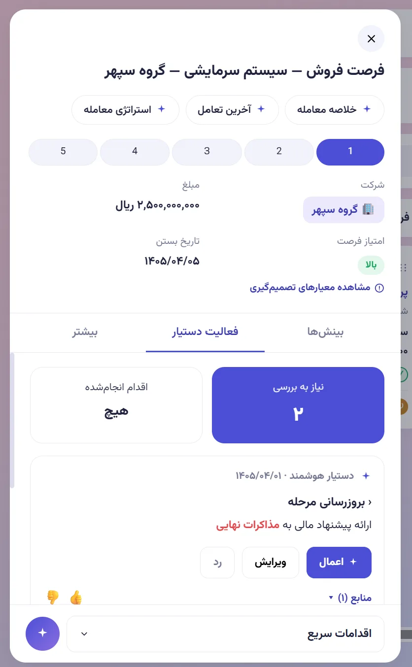 پنل یک فرصت فروش با بینشها و پیشنهاد دستیار هوشمند، کنار نمای کانبان فرصتها در CRM راهکاران آیند